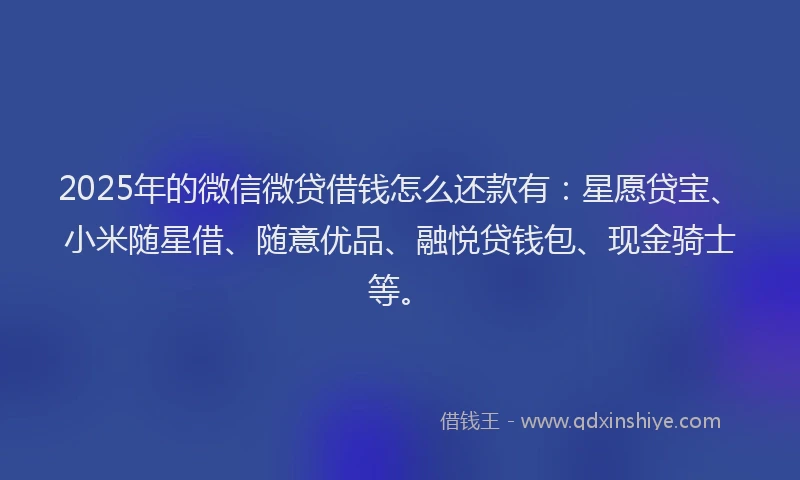 2025年的微信微贷借钱怎么还款有：星愿贷宝、小米随星借、随意优品、融悦贷钱包、现金骑士等。