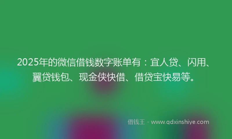 2025年的微信借钱数字账单有：宜人贷、闪用、翼贷钱包、现金侠快借、借贷宝快易等。