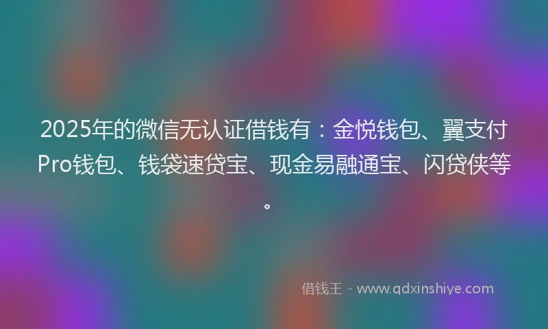 2025年的微信无认证借钱有：金悦钱包、翼支付Pro钱包、钱袋速贷宝、现金易融通宝、闪贷侠等。