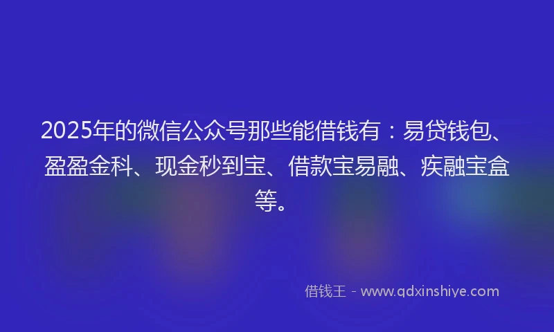 2025年的微信公众号那些能借钱有：易贷钱包、盈盈金科、现金秒到宝、借款宝易融、疾融宝盒等。
