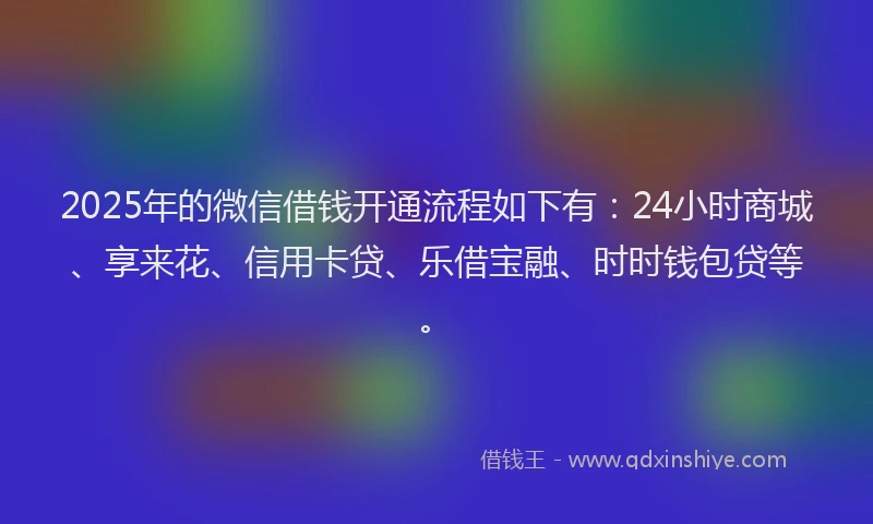 2025年的微信借钱开通流程如下有：24小时商城、享来花、信用卡贷、乐借宝融、时时钱包贷等。