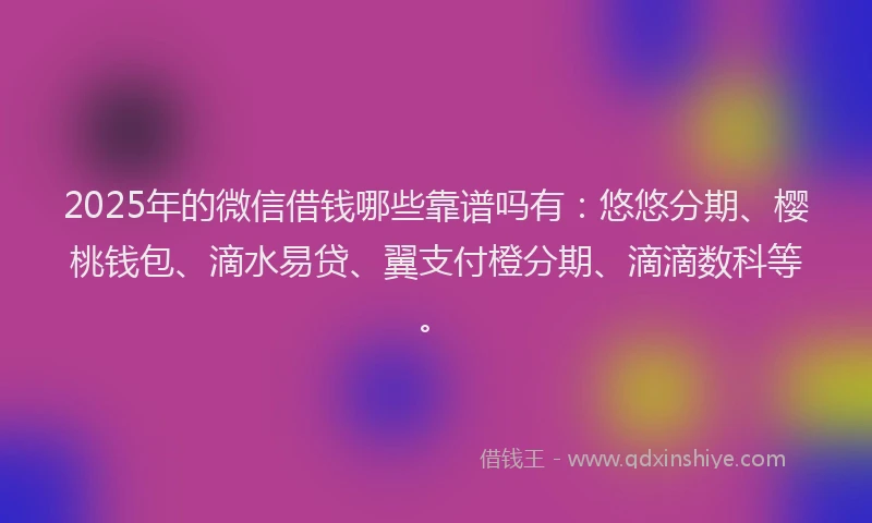 2025年的微信借钱哪些靠谱吗有：悠悠分期、樱桃钱包、滴水易贷、翼支付橙分期、滴滴数科等。