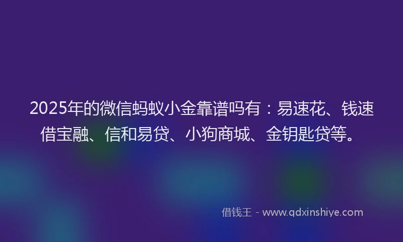 2025年的微信蚂蚁小金靠谱吗有：易速花、钱速借宝融、信和易贷、小狗商城、金钥匙贷等。