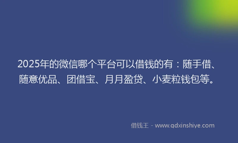 2025年的微信哪个平台可以借钱的有：随手借、随意优品、团借宝、月月盈贷、小麦粒钱包等。