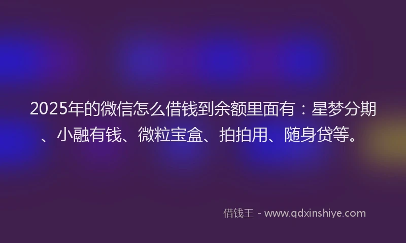 2025年的微信怎么借钱到余额里面有：星梦分期、小融有钱、微粒宝盒、拍拍用、随身贷等。