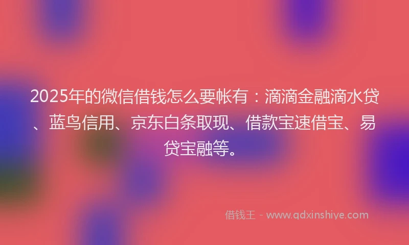 2025年的微信借钱怎么要帐有：滴滴金融滴水贷、蓝鸟信用、京东白条取现、借款宝速借宝、易贷宝融等。