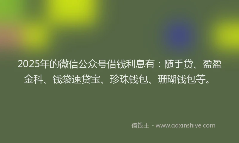 2025年的微信公众号借钱利息有：随手贷、盈盈金科、钱袋速贷宝、珍珠钱包、珊瑚钱包等。