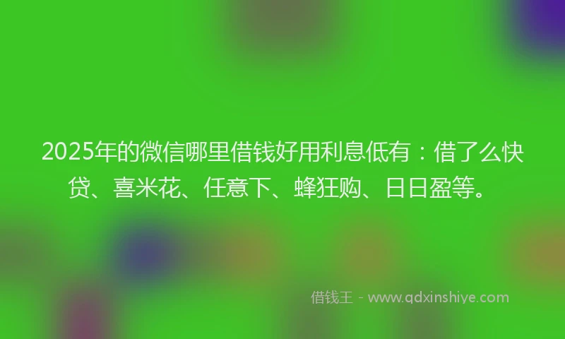 2025年的微信哪里借钱好用利息低有：借了么快贷、喜米花、任意下、蜂狂购、日日盈等。