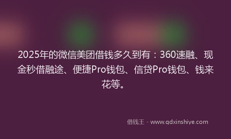 2025年的微信美团借钱多久到有：360速融、现金秒借融途、便捷Pro钱包、信贷Pro钱包、钱来花等。