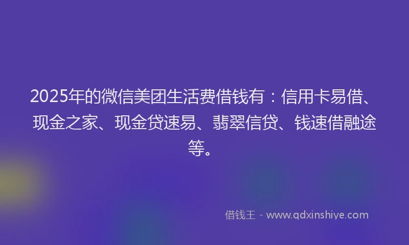 2025年的微信美团生活费借钱有：信用卡易借、现金之家、现金贷速易、翡翠信贷、钱速借融途等。