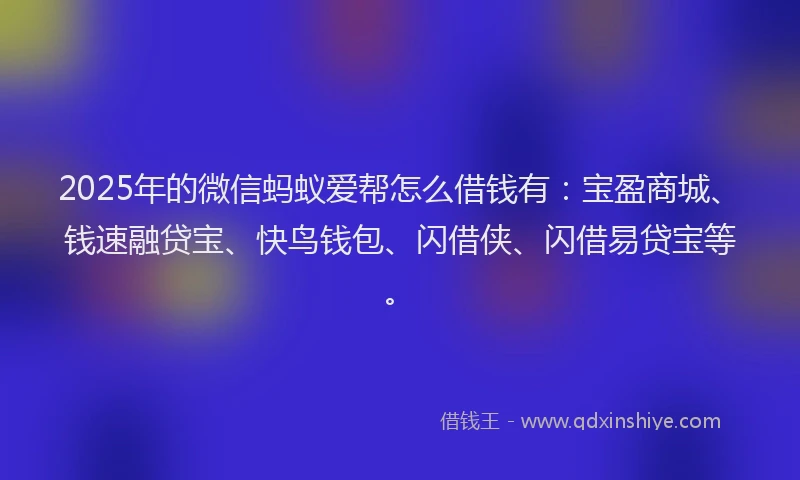 2025年的微信蚂蚁爱帮怎么借钱有：宝盈商城、钱速融贷宝、快鸟钱包、闪借侠、闪借易贷宝等。
