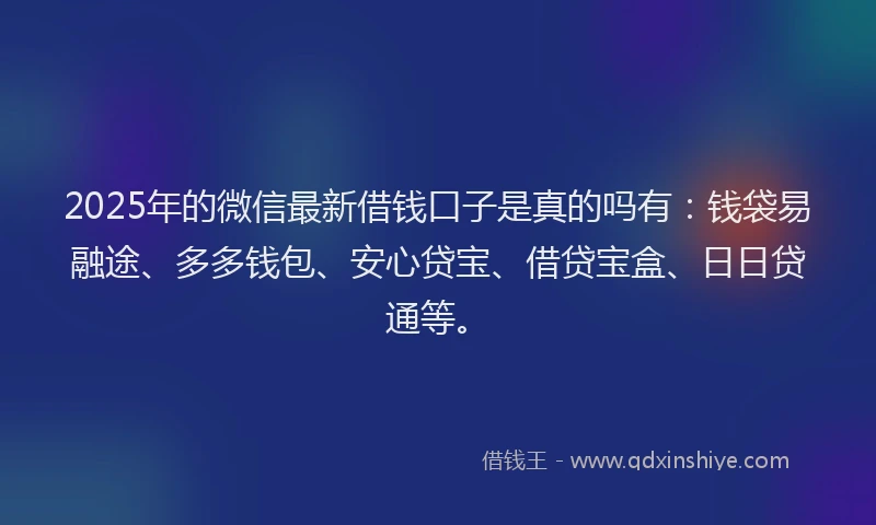2025年的微信最新借钱口子是真的吗有：钱袋易融途、多多钱包、安心贷宝、借贷宝盒、日日贷通等。