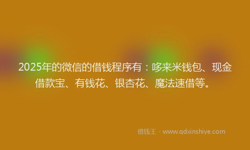 2025年的微信的借钱程序有：哆来米钱包、现金借款宝、有钱花、银杏花、魔法速借等。