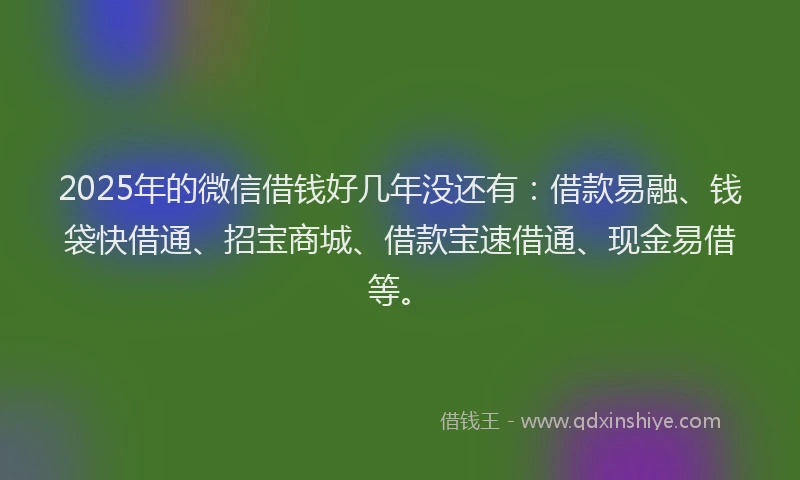 2025年的微信借钱好几年没还有：借款易融、钱袋快借通、招宝商城、借款宝速借通、现金易借等。