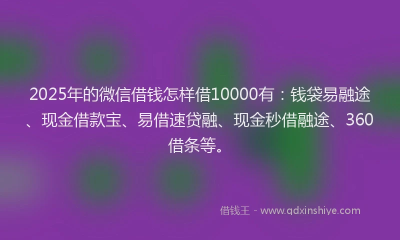 2025年的微信借钱怎样借10000有：钱袋易融途、现金借款宝、易借速贷融、现金秒借融途、360借条等。