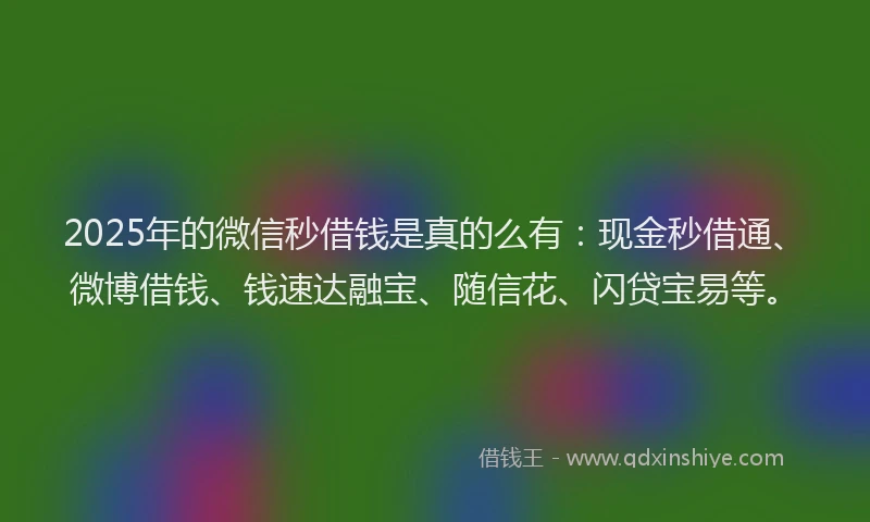 2025年的微信秒借钱是真的么有：现金秒借通、微博借钱、钱速达融宝、随信花、闪贷宝易等。
