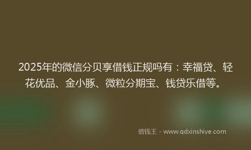 2025年的微信分贝享借钱正规吗有：幸福贷、轻花优品、金小豚、微粒分期宝、钱贷乐借等。
