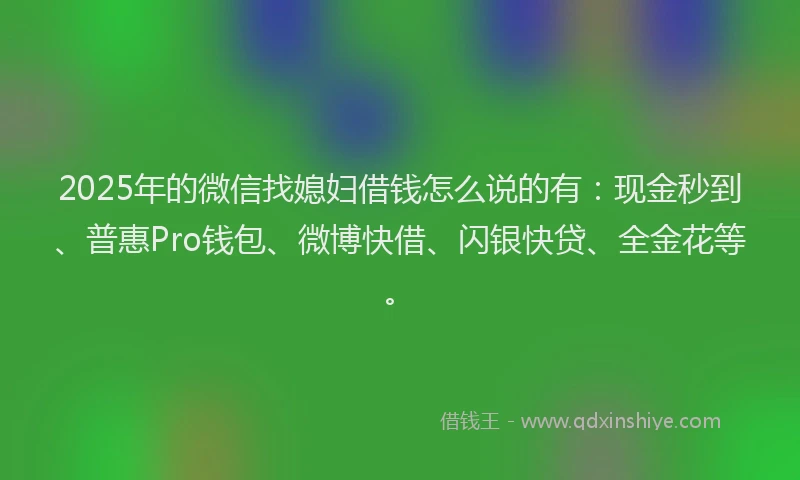 2025年的微信找媳妇借钱怎么说的有：现金秒到、普惠Pro钱包、微博快借、闪银快贷、全金花等。