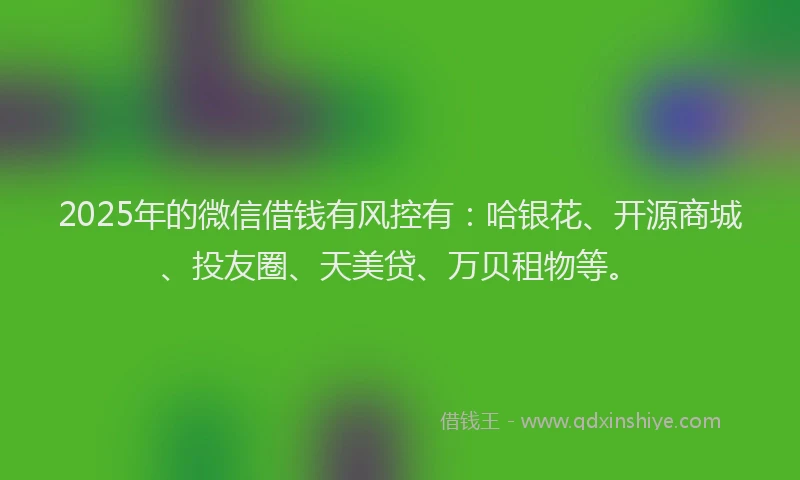 2025年的微信借钱有风控有：哈银花、开源商城、投友圈、天美贷、万贝租物等。