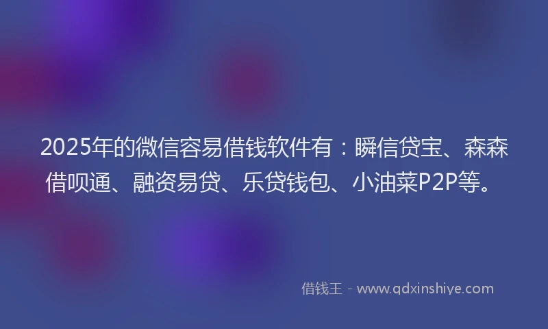 2025年的微信容易借钱软件有：瞬信贷宝、森森借呗通、融资易贷、乐贷钱包、小油菜P2P等。