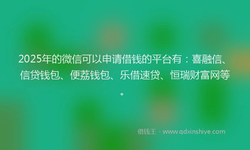 2025年的微信可以申请借钱的平台有：喜融信、信贷钱包、便荔钱包、乐借速贷、恒瑞财富网等。