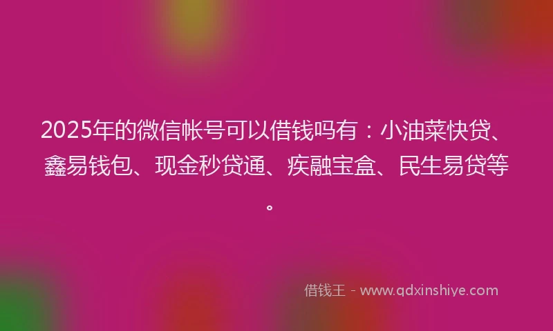 2025年的微信帐号可以借钱吗有：小油菜快贷、鑫易钱包、现金秒贷通、疾融宝盒、民生易贷等。