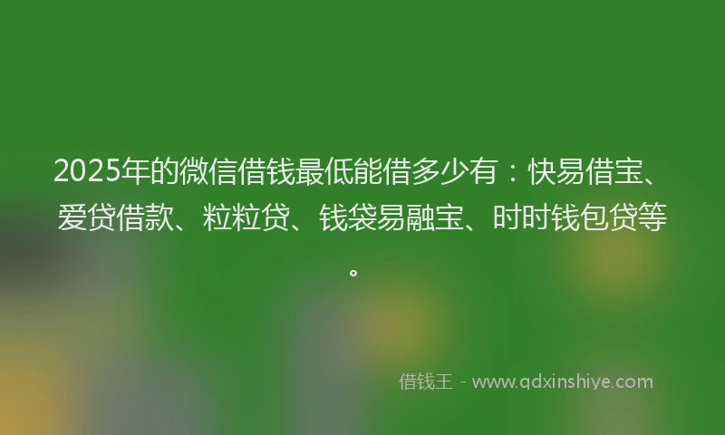 2025年的微信借钱最低能借多少有：快易借宝、爱贷借款、粒粒贷、钱袋易融宝、时时钱包贷等。