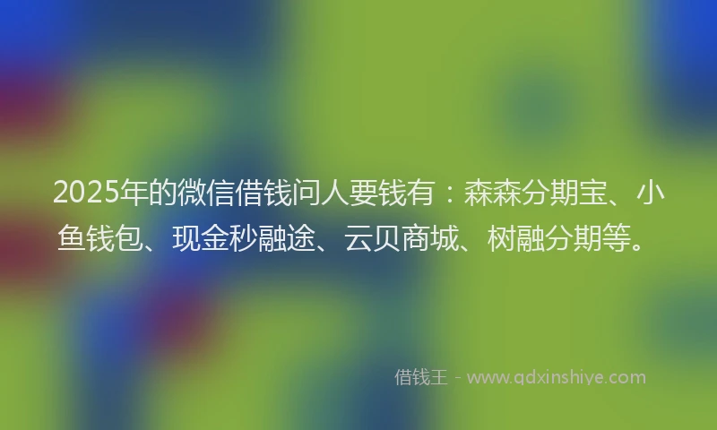 2025年的微信借钱问人要钱有：森森分期宝、小鱼钱包、现金秒融途、云贝商城、树融分期等。