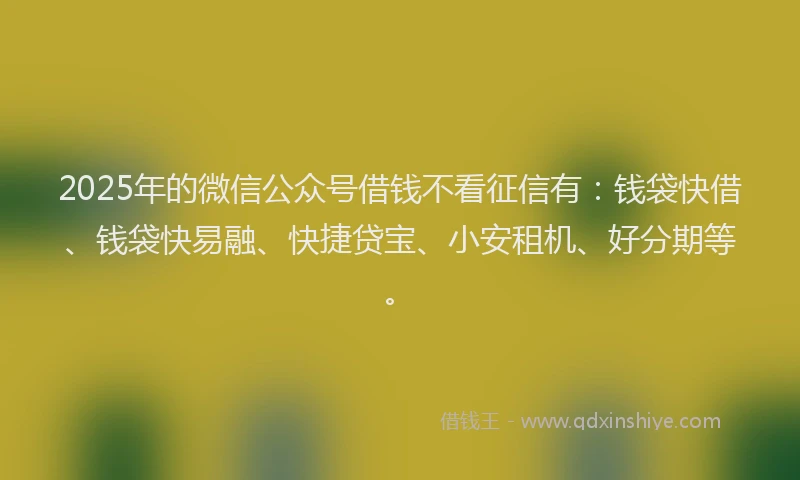 2025年的微信公众号借钱不看征信有：钱袋快借、钱袋快易融、快捷贷宝、小安租机、好分期等。