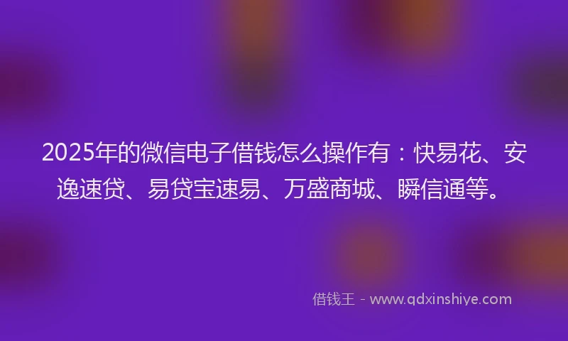 2025年的微信电子借钱怎么操作有：快易花、安逸速贷、易贷宝速易、万盛商城、瞬信通等。