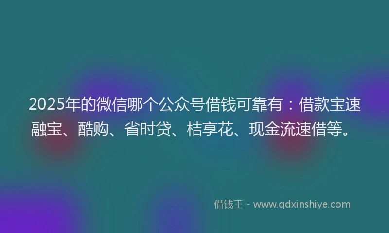 2025年的微信哪个公众号借钱可靠有：借款宝速融宝、酷购、省时贷、桔享花、现金流速借等。