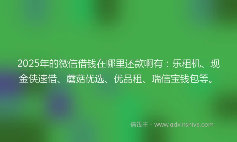 2025年的微信借钱在哪里还款啊有：乐租机、现金侠速借、蘑菇优选、优品租、瑞信宝钱包等。