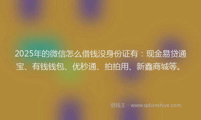 2025年的微信怎么借钱没身份证有：现金易贷通宝、有钱钱包、优秒通、拍拍用、新鑫商城等。