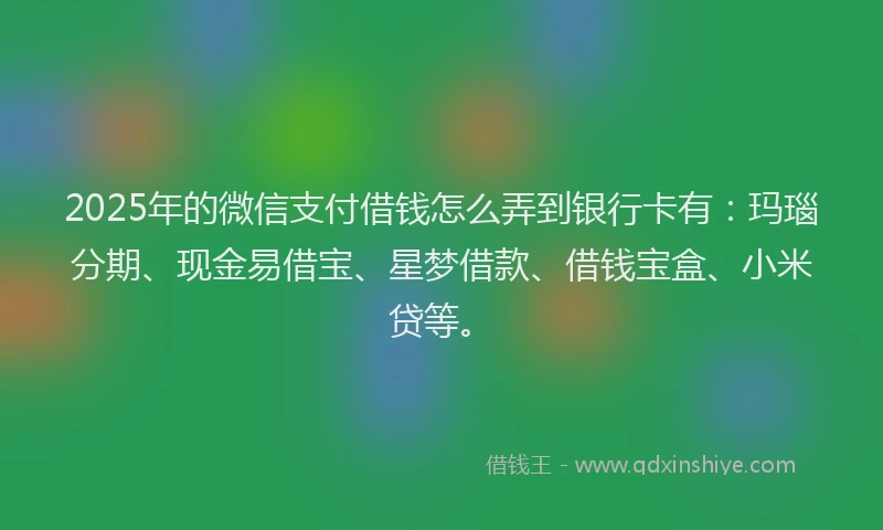 2025年的微信支付借钱怎么弄到银行卡有：玛瑙分期、现金易借宝、星梦借款、借钱宝盒、小米贷等。