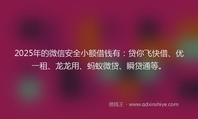 2025年的微信安全小额借钱有：贷你飞快借、优一租、龙龙用、蚂蚁微贷、瞬贷通等。
