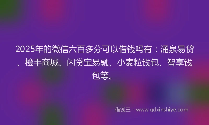 2025年的微信六百多分可以借钱吗有：涌泉易贷、橙丰商城、闪贷宝易融、小麦粒钱包、智享钱包等。