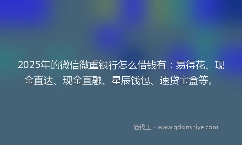 2025年的微信微重银行怎么借钱有：易得花、现金直达、现金直融、星辰钱包、速贷宝盒等。