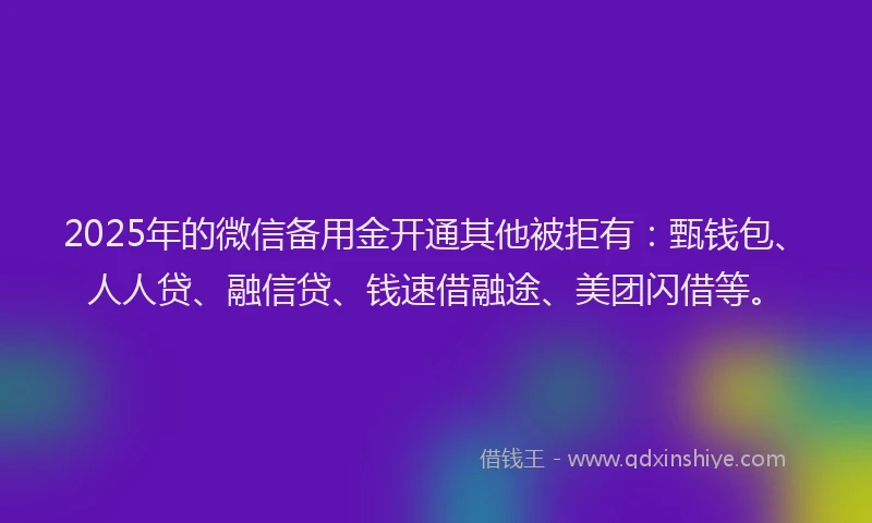 2025年的微信备用金开通其他被拒有：甄钱包、人人贷、融信贷、钱速借融途、美团闪借等。
