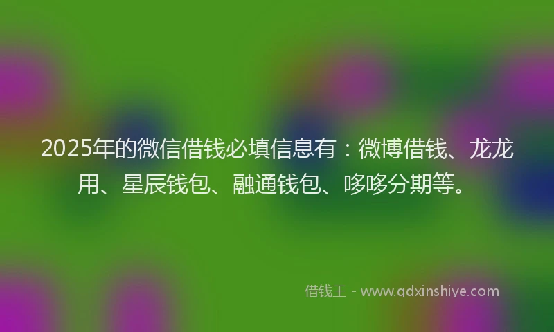 2025年的微信借钱必填信息有：微博借钱、龙龙用、星辰钱包、融通钱包、哆哆分期等。