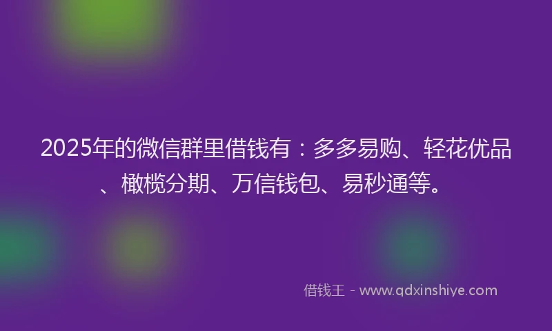2025年的微信群里借钱有：多多易购、轻花优品、橄榄分期、万信钱包、易秒通等。