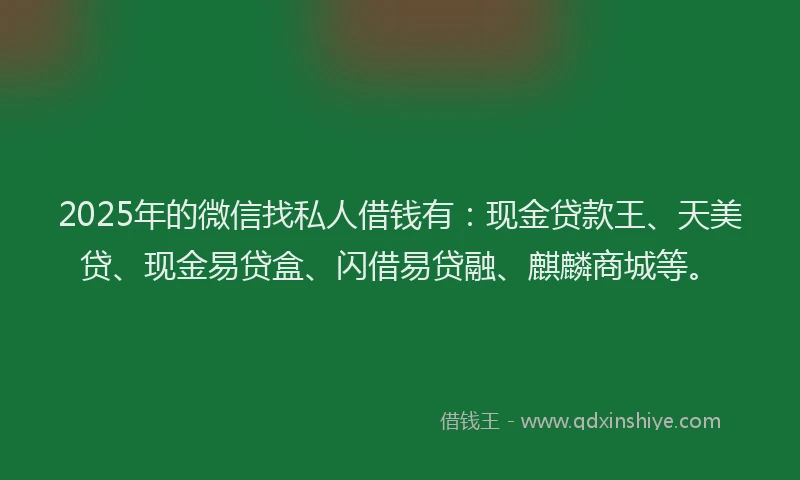 2025年的微信找私人借钱有：现金贷款王、天美贷、现金易贷盒、闪借易贷融、麒麟商城等。
