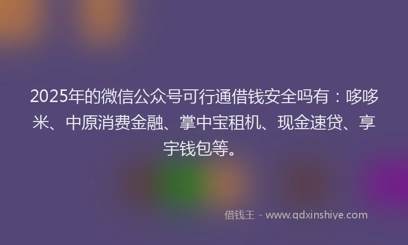 2025年的微信公众号可行通借钱安全吗有：哆哆米、中原消费金融、掌中宝租机、现金速贷、享宇钱包等。