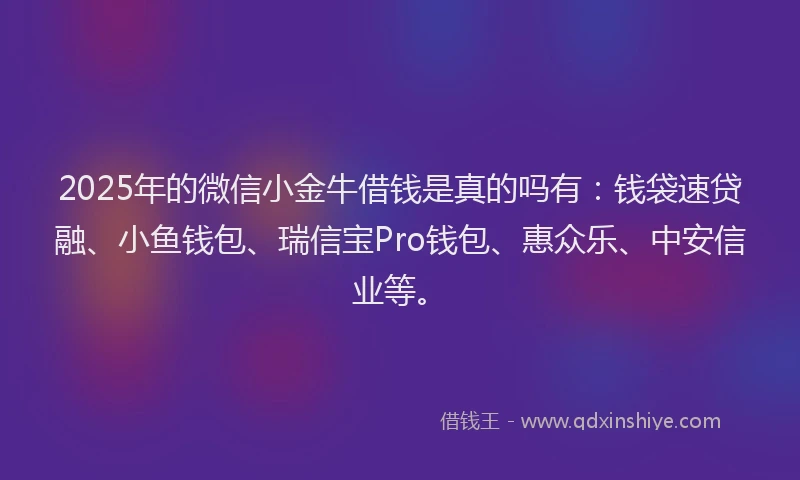 2025年的微信小金牛借钱是真的吗有：钱袋速贷融、小鱼钱包、瑞信宝Pro钱包、惠众乐、中安信业等。