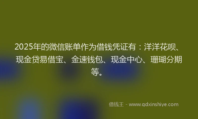 2025年的微信账单作为借钱凭证有：洋洋花呗、现金贷易借宝、金速钱包、现金中心、珊瑚分期等。
