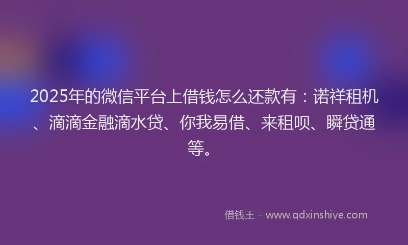 2025年的微信平台上借钱怎么还款有：诺祥租机、滴滴金融滴水贷、你我易借、来租呗、瞬贷通等。
