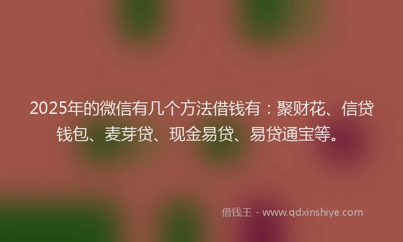 2025年的微信有几个方法借钱有：聚财花、信贷钱包、麦芽贷、现金易贷、易贷通宝等。