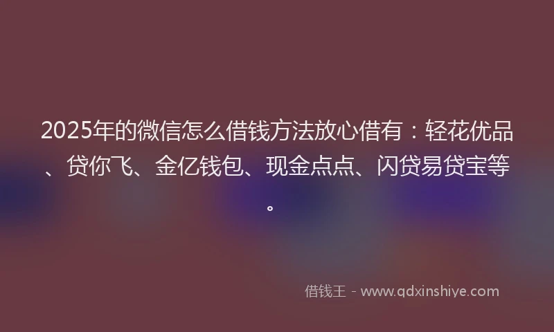 2025年的微信怎么借钱方法放心借有：轻花优品、贷你飞、金亿钱包、现金点点、闪贷易贷宝等。