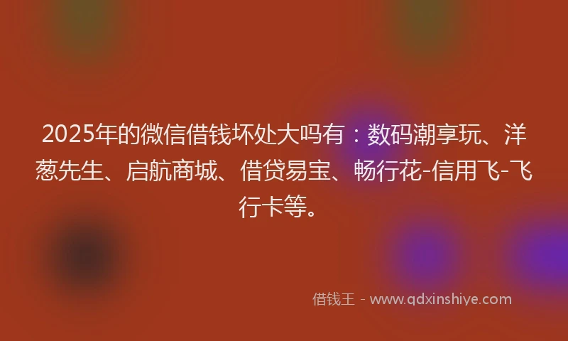 2025年的微信借钱坏处大吗有：数码潮享玩、洋葱先生、启航商城、借贷易宝、畅行花-信用飞-飞行卡等。