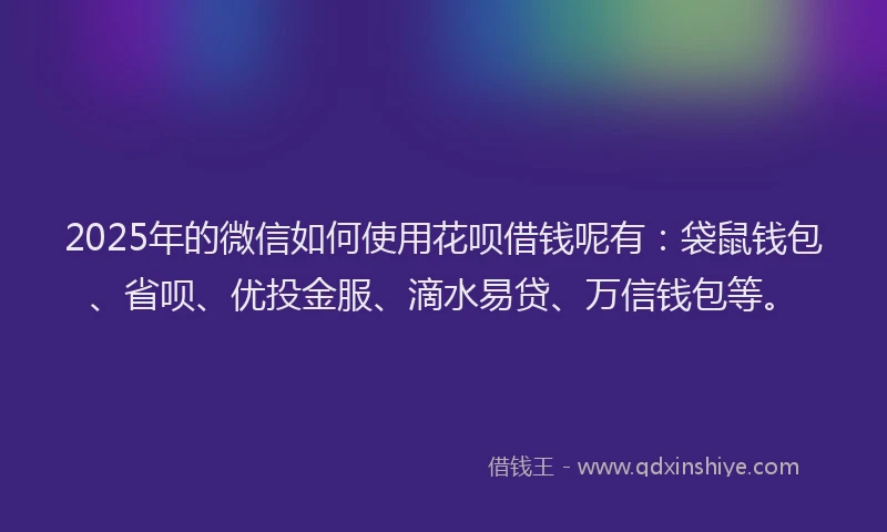 2025年的微信如何使用花呗借钱呢有：袋鼠钱包、省呗、优投金服、滴水易贷、万信钱包等。