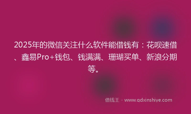 2025年的微信关注什么软件能借钱有：花呗速借、鑫易Pro+钱包、钱满满、珊瑚买单、新浪分期等。